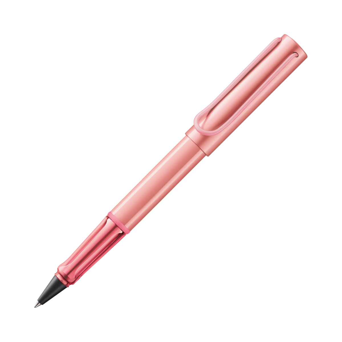 Pink pen with a black cap on a white background