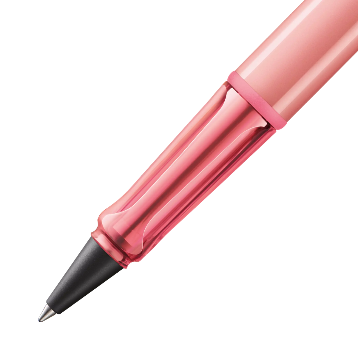 Pink pen with a black cap on a white background