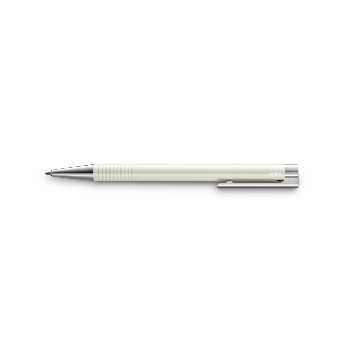 White LAMY pen with silver accents on a white background