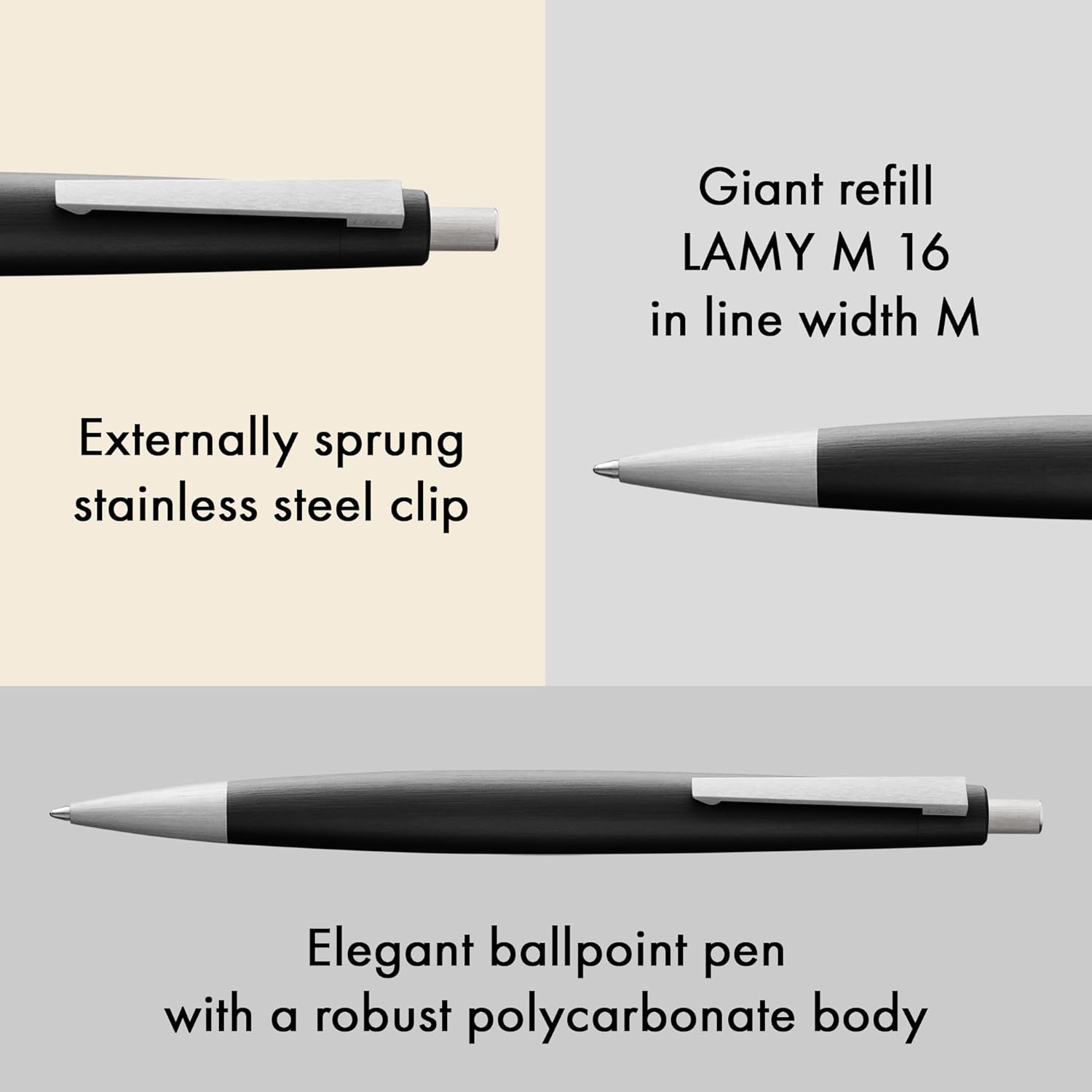 A Lamy 2000 Black ballpoint pen pen with silver accents on a white background