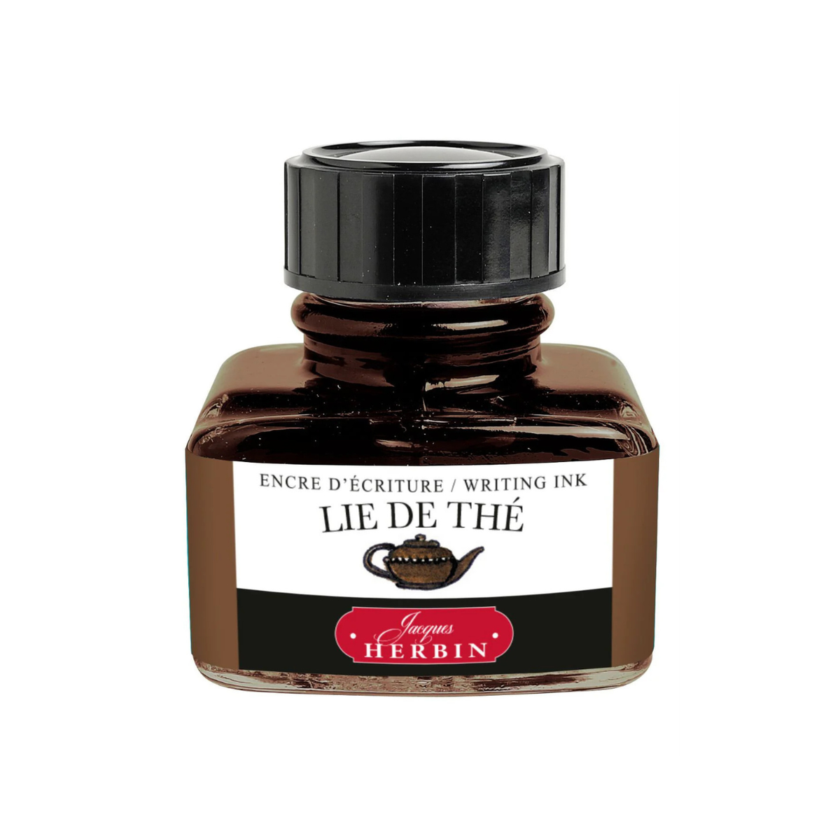 Ink bottle labeled 'Lie de The' by Jacques Herbin on a white background