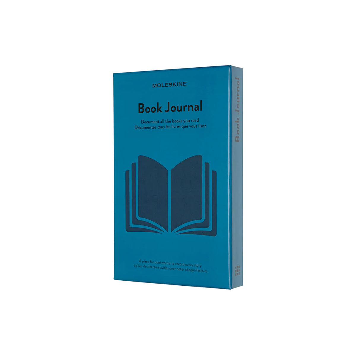 The mid-blue slip case for the Book Journal has a large simplified silhouette of an open book on the cover