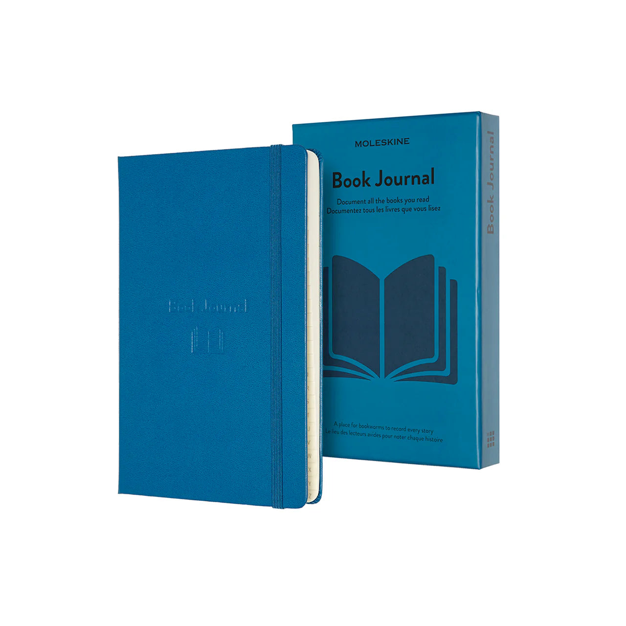 The mid-blue slip case for the Book Journal has a large simplified silhouette of an open book on the cover