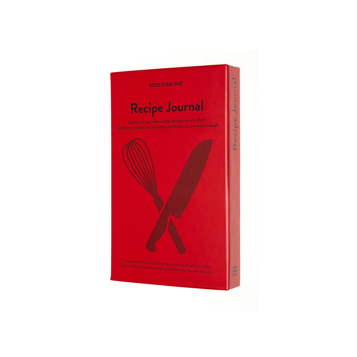 The bright red Recipe Journal has silhouettes of a whisk and knife