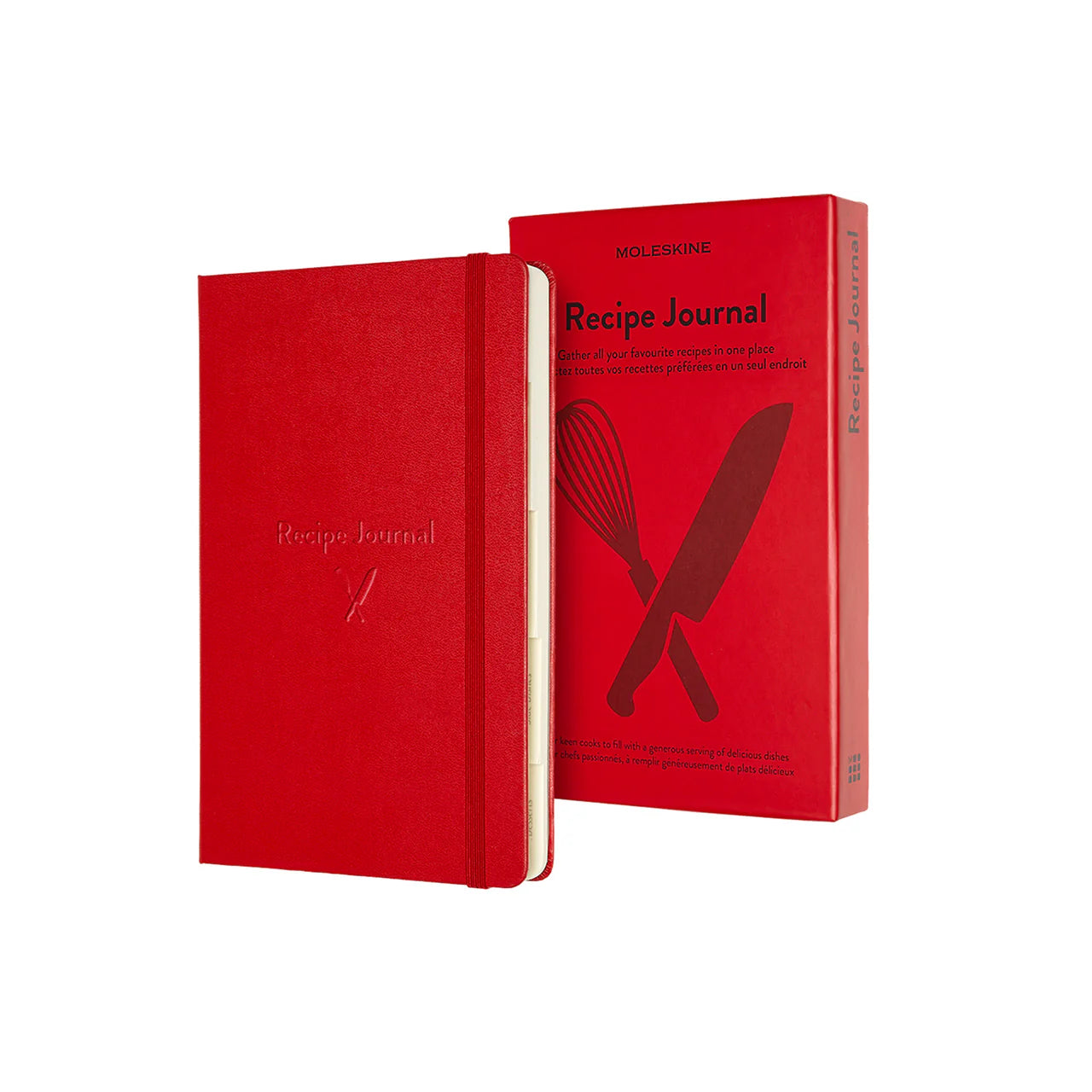 The bright red Recipe Journal has silhouettes of a whisk and knife