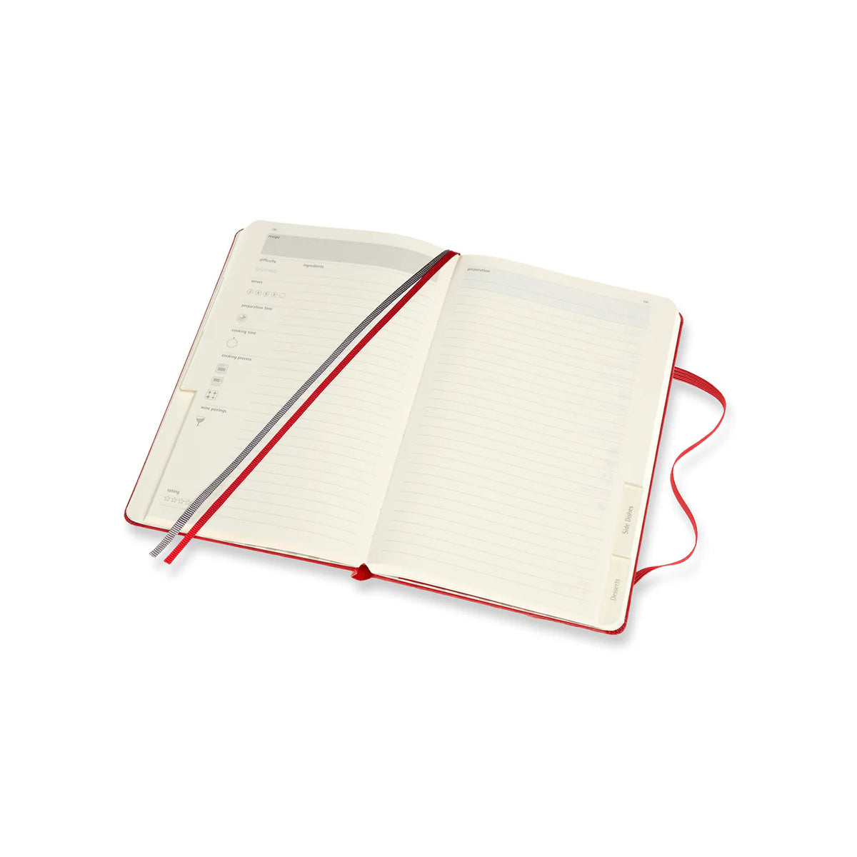 The recipe pages are structure with headings for one recipe per spread, with one red and one grey ribbon bookmark