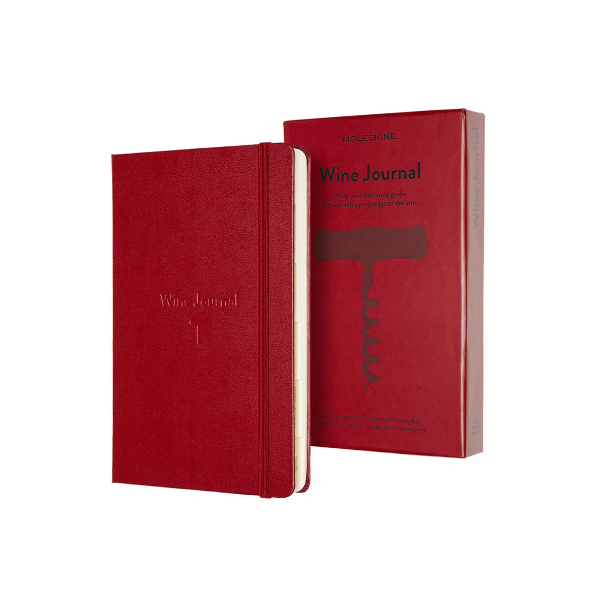 The Deep red covered Wine Journal has a red elastic closure, shown here with its matching slipcase