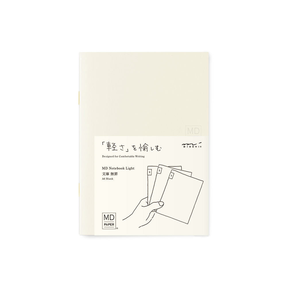 A6 Blank Light notebooks cover showing a hand holding three books