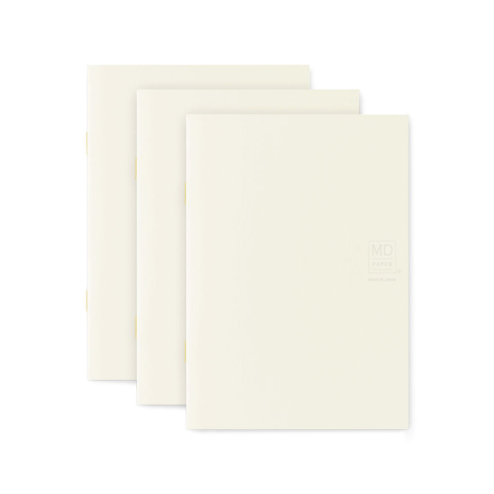 Three overlapping light notebooks showing the cover embossed MD Paper logo