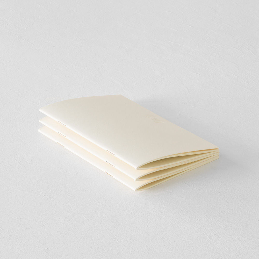 A stack of three light notebooks, stapled side out