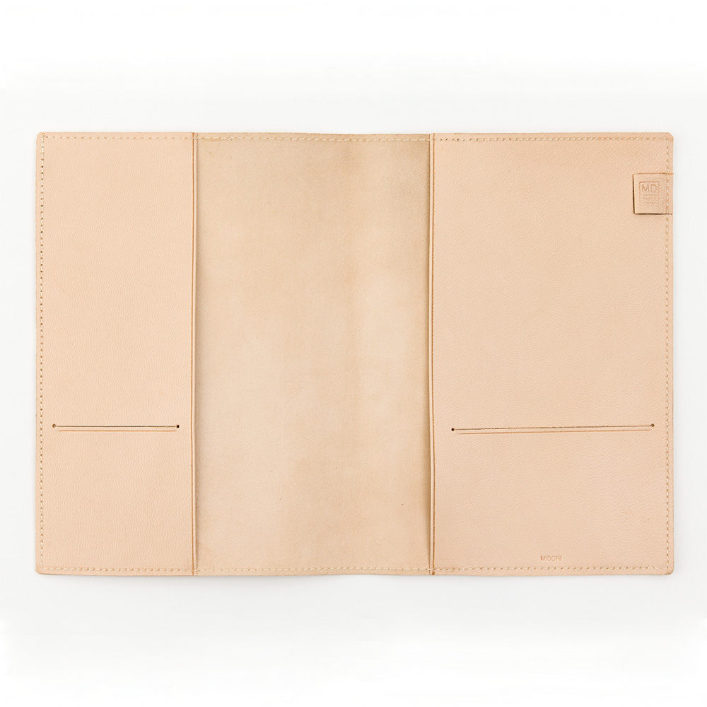 Inside the goat leather folder showing the card slots and pen loop