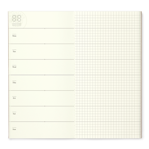 Inside sprea showing a week to a spread - the left page has seven days listed evenly, and the right is a full page grid