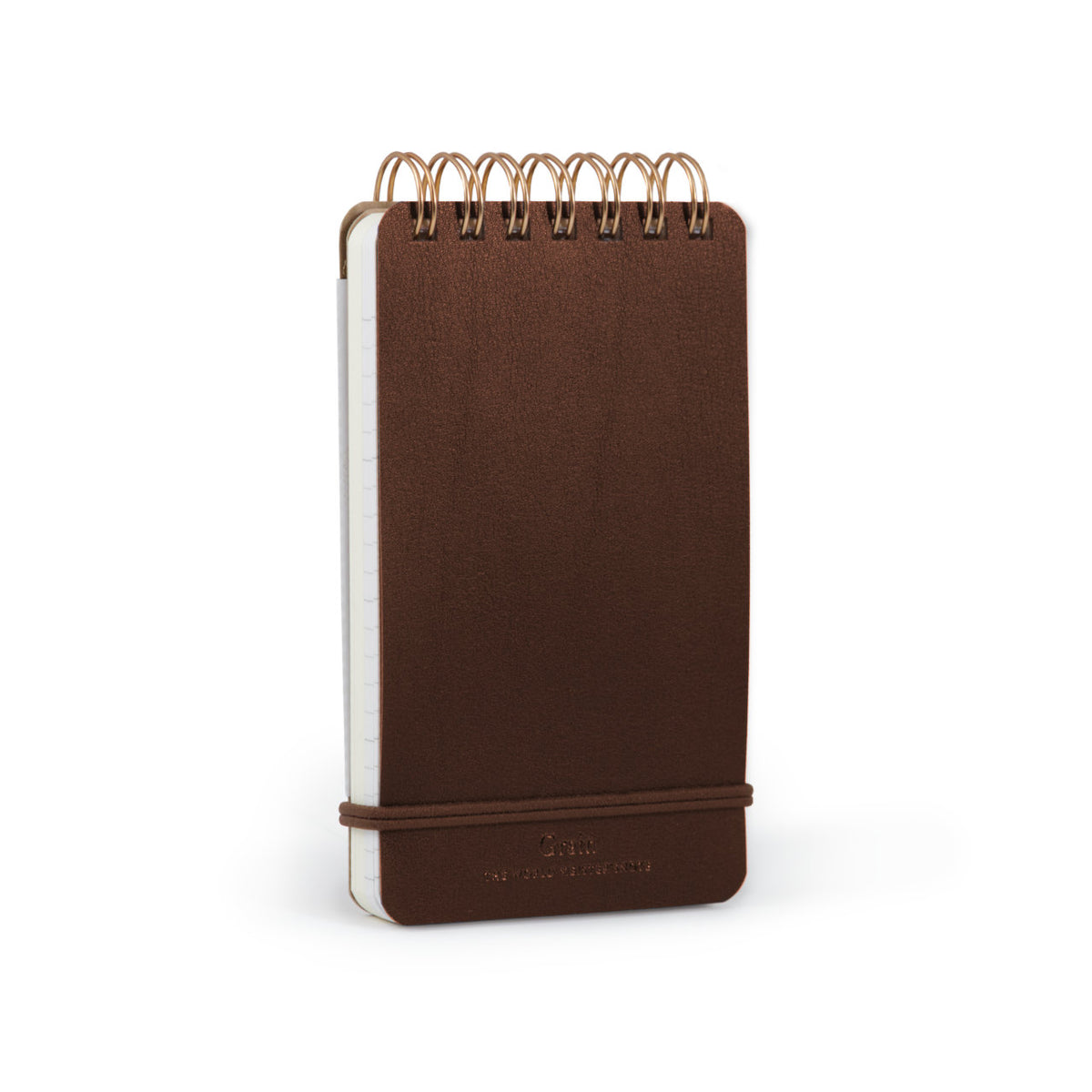 the Midori Grain Notebook with Brown recycled leather cover  and copper coloured wire binding