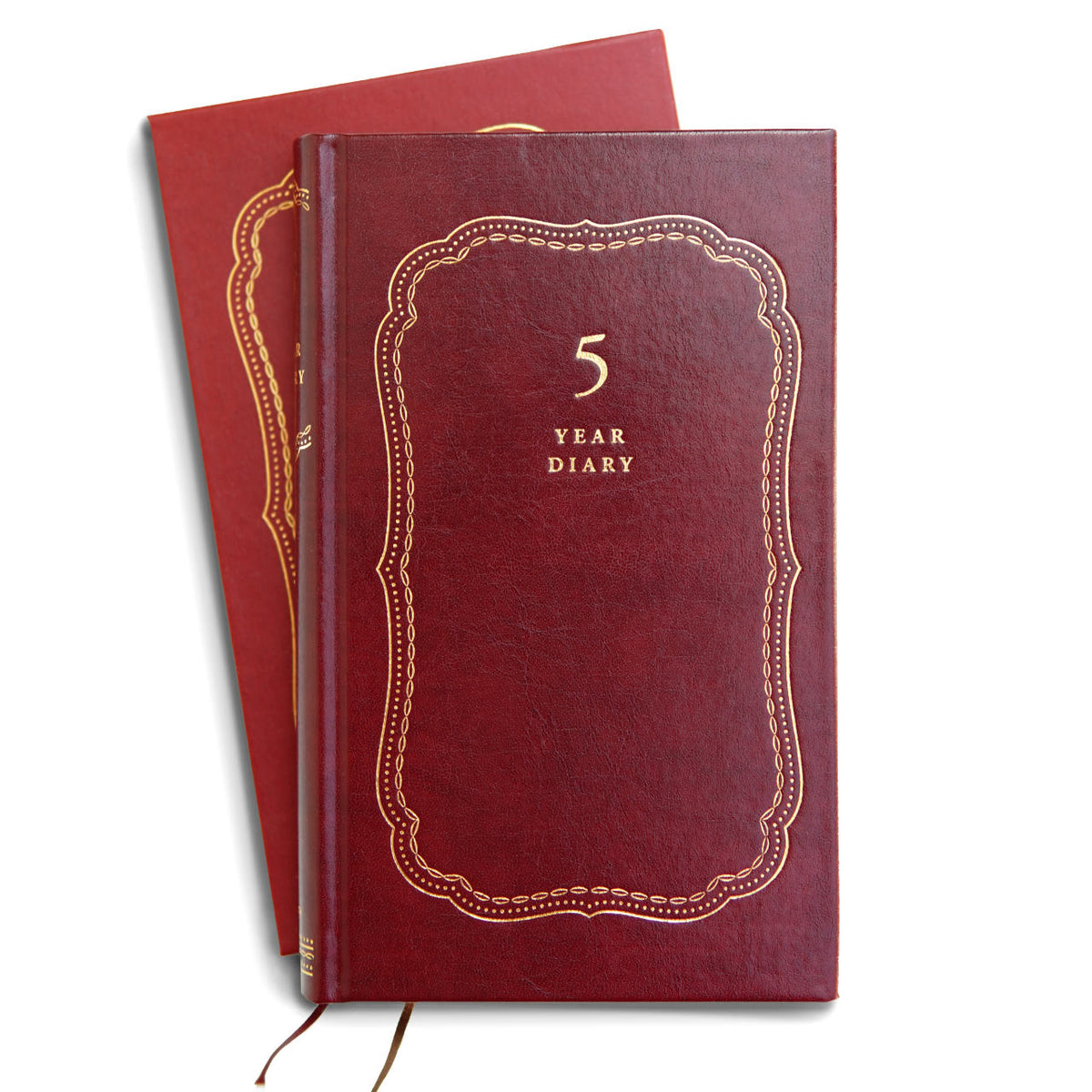 red leather cover of the 5 year diary with gold foil stamping and it&#39;s red slip case