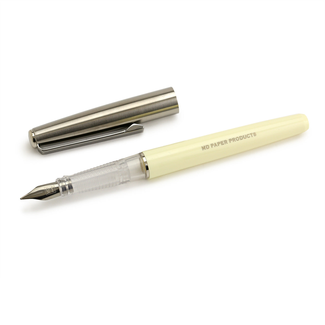 MD Paper Products Fountain Pen in cream coloured and transparent plastic with metal cap which can be posted