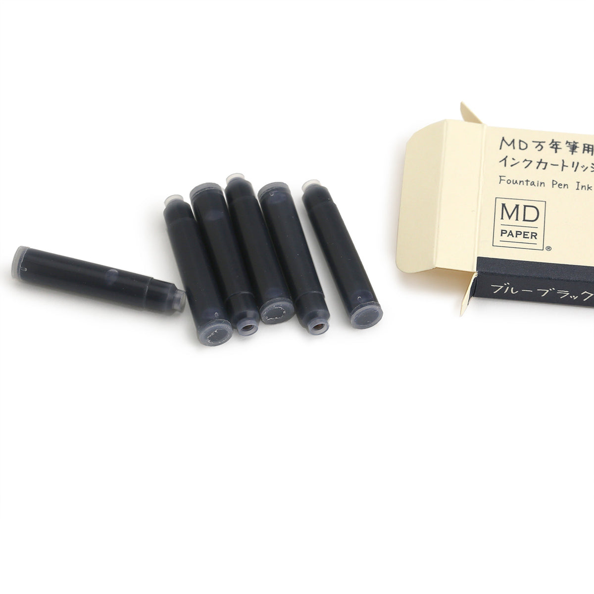 6 Midori fountain pen blue-black ink cartridges are in the small pack