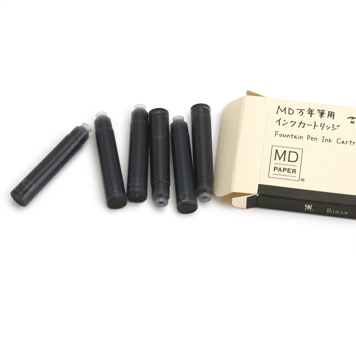 Black fountean pen black ink cartridges beside their box
