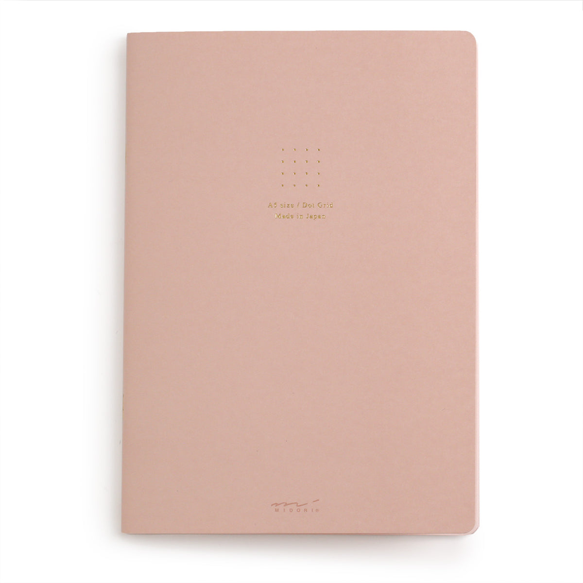 Pink dot grid A5 notebook from midori with gold coloured foil stamping on the cover and gold coloured staples