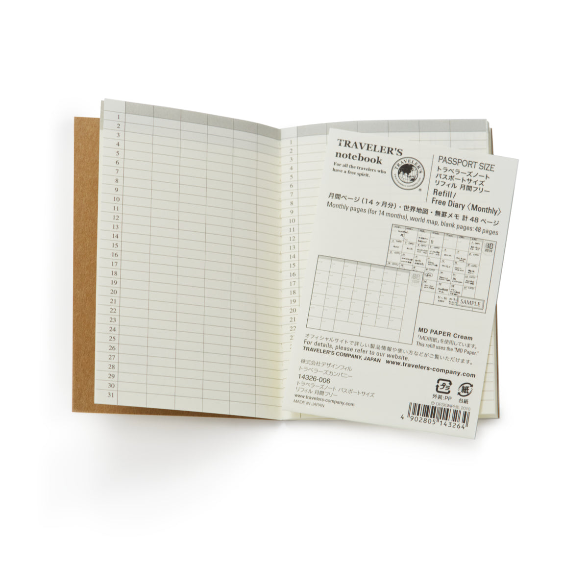 Indext pages of the Free Diary and the information slip all about the refill booklet - Monthly pages for 14 months, world map, blank pages: 48 pages