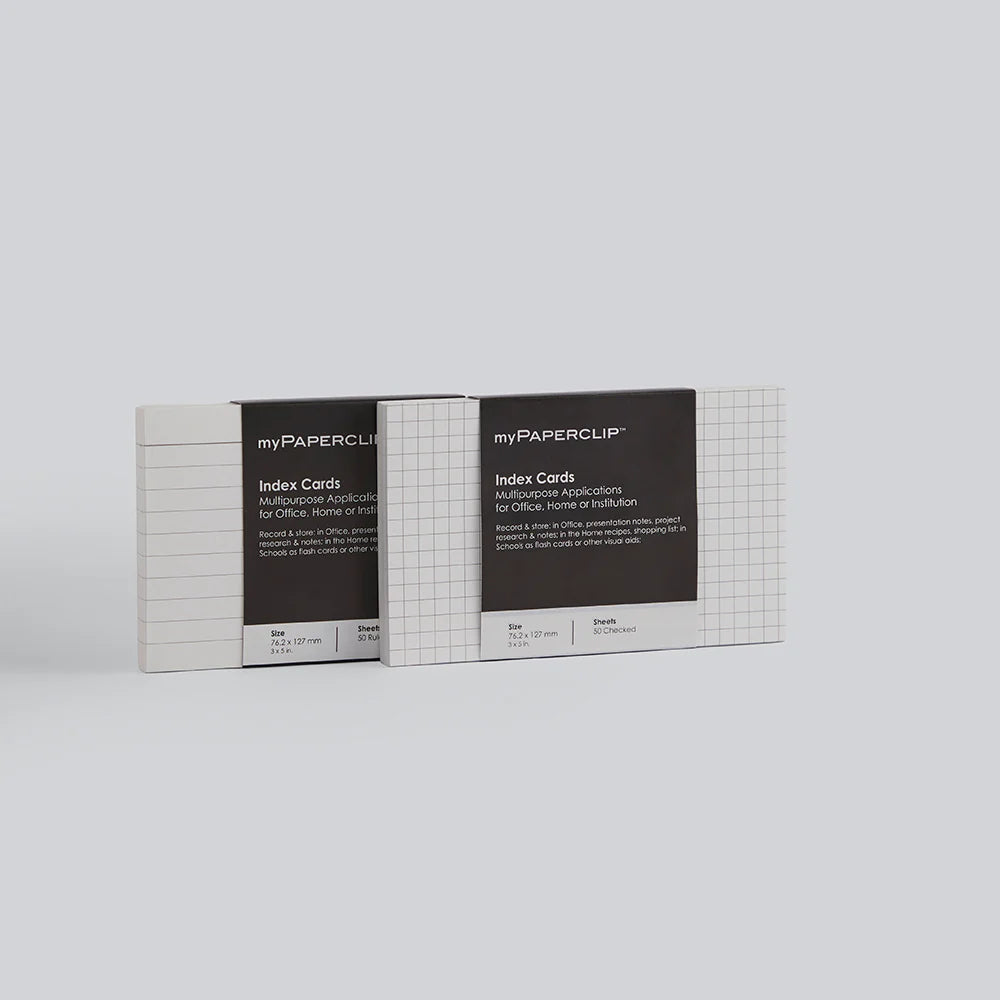 Two packages of myPaperclip index cards on a light gray background