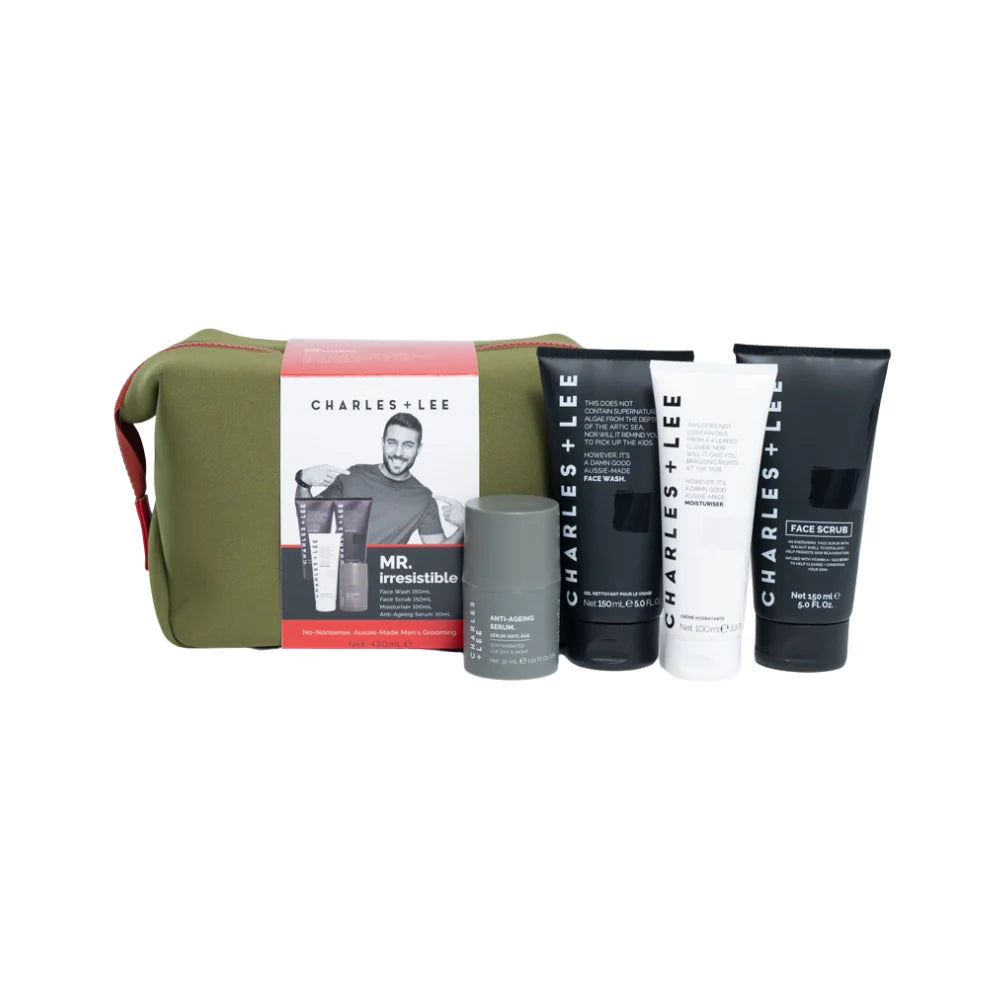 Khaki neoprene toiletry bag contains anti-aging serum, face wash, moisturiser and face scrub