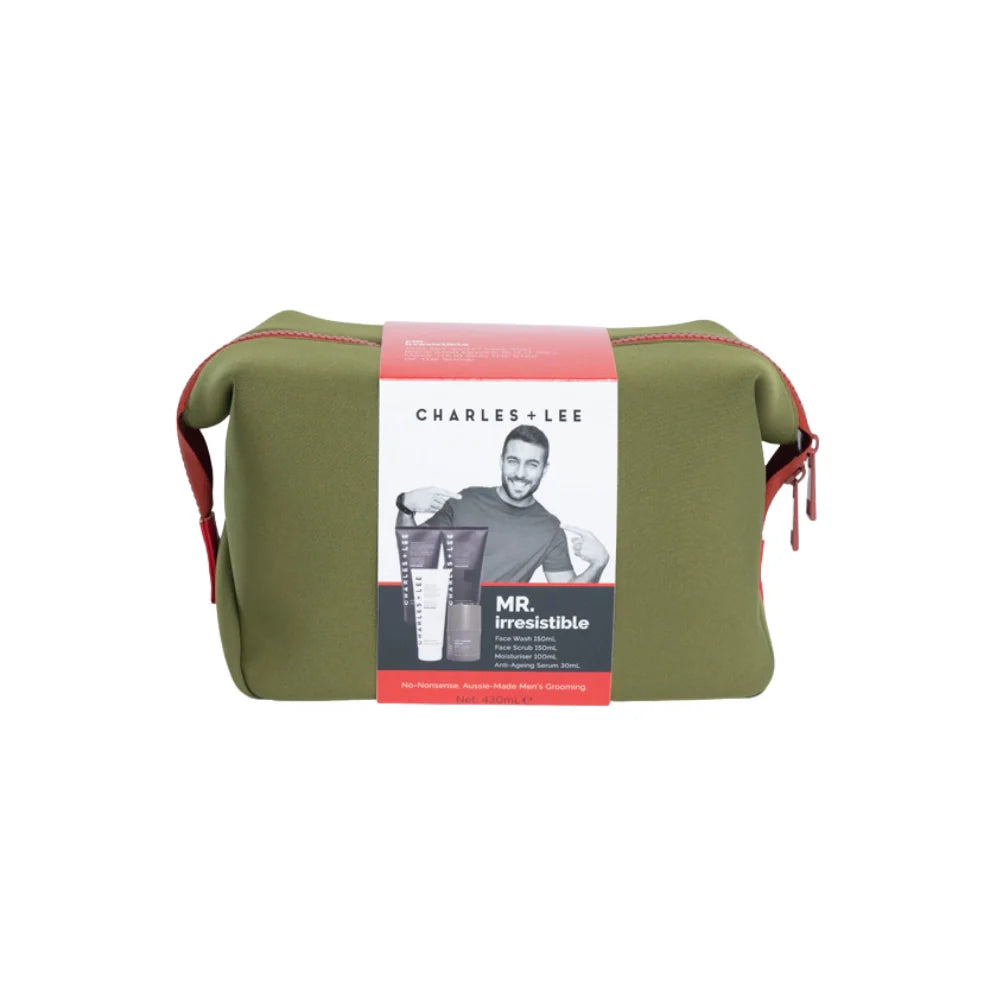 Khaki neoprene toiletry bag with red zip detail