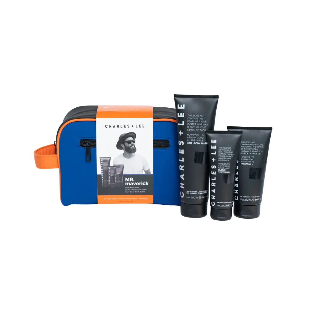 Mr Maverick Blue and black neoprene toiletry bag with orange trim, contains Hair and Body wash, Oil-Free Moisturiser and Face Wash.