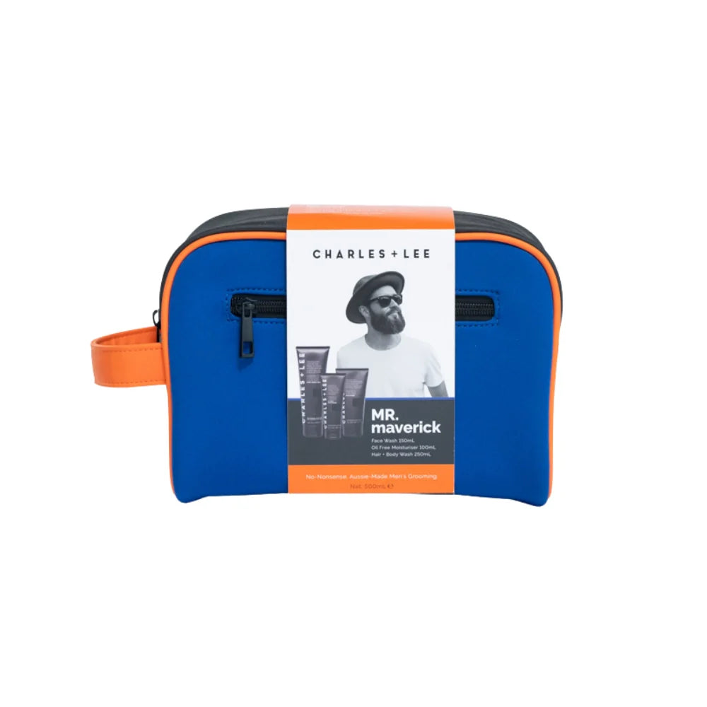 Blue and black neoprene toiletry bag with orange trim.