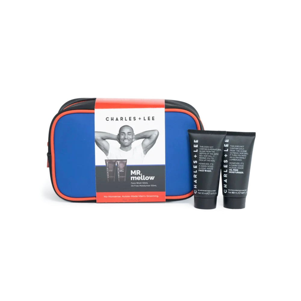 Mr Mellow toiletry bag is blue and black with red Trim, and contains 50ml face wash and oil-free moisturiser