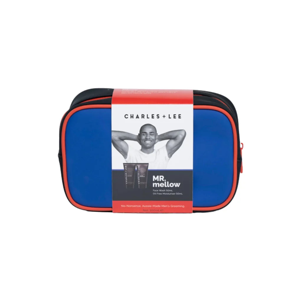 Mr Mellow toiletry bag is blue and black with red Trim, and contains 50ml face wash and oil-free moisturiser