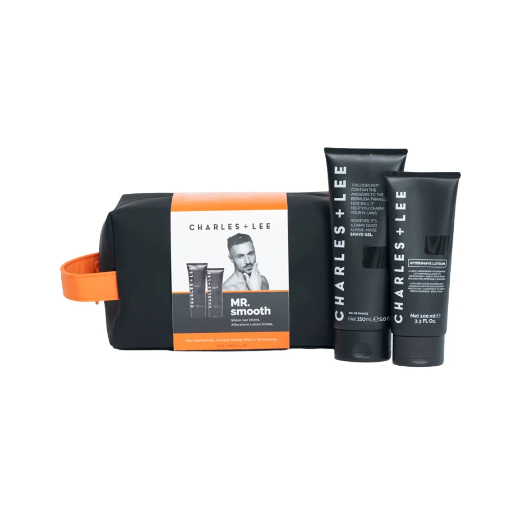 Mr Smooth Gift Pack is a black neoprene toiletry bag with orange trim containing Shave Gel and After Shave Lotion.