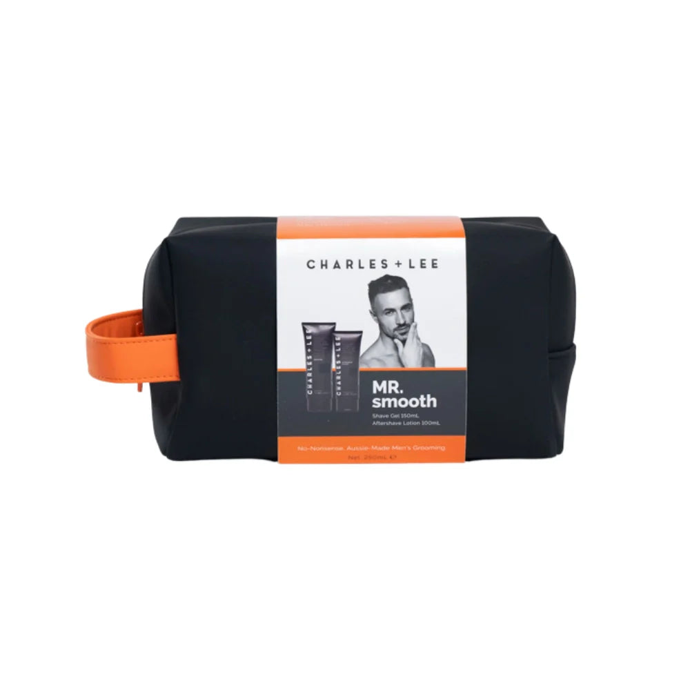 Mr Smooth Gift Pack is a black neoprene toiletry bag with orange trim containing Shave Gel and After Shave Lotion.