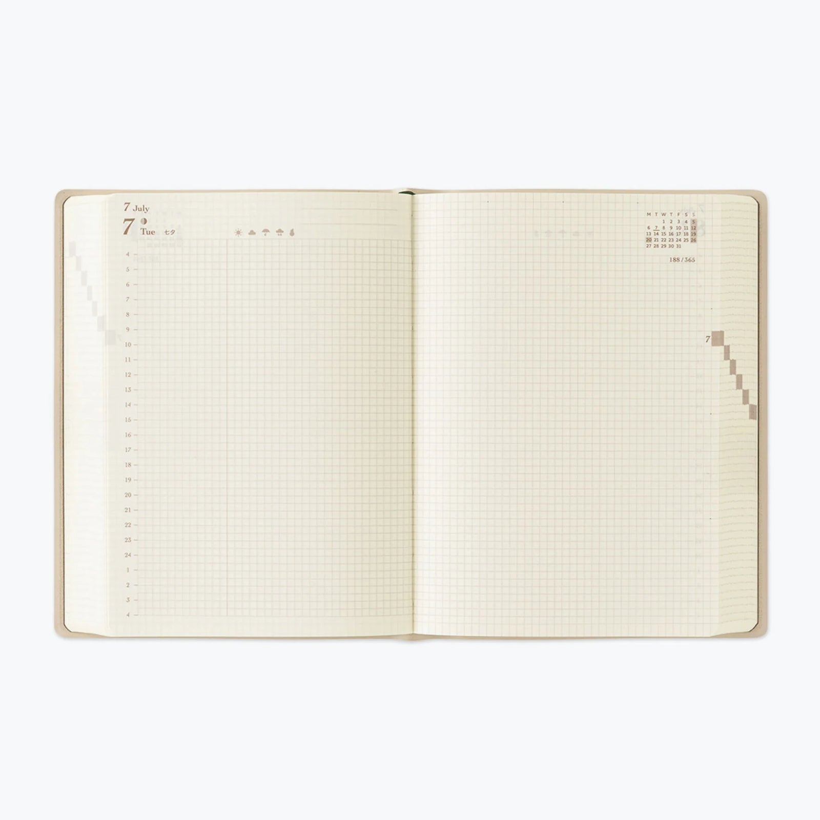 Gray diary with white cover featuring text and branding on a white background