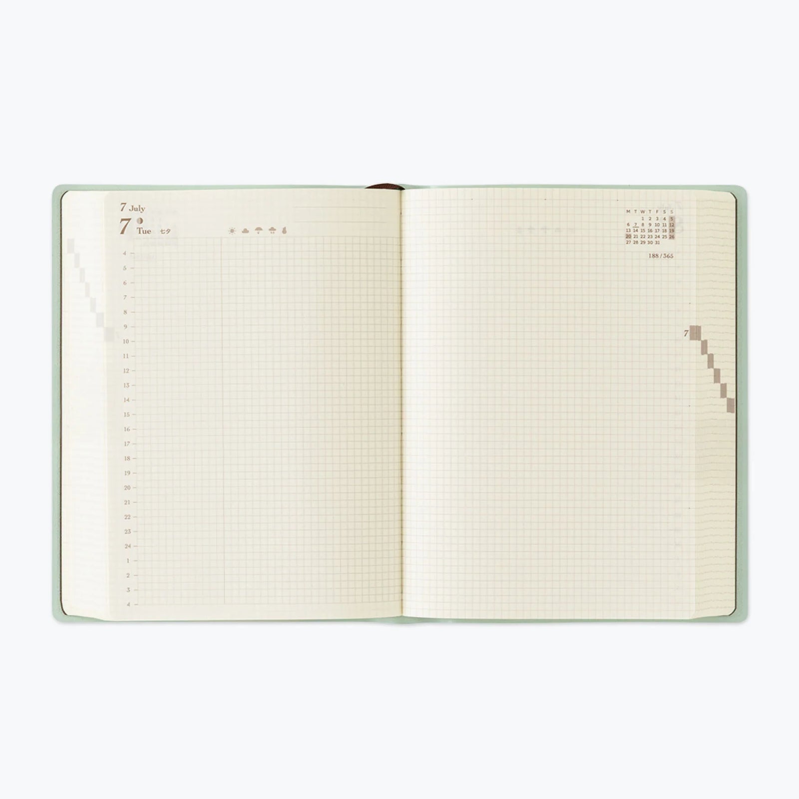 Light blue diary with white cover featuring text and a small illustration on a white background