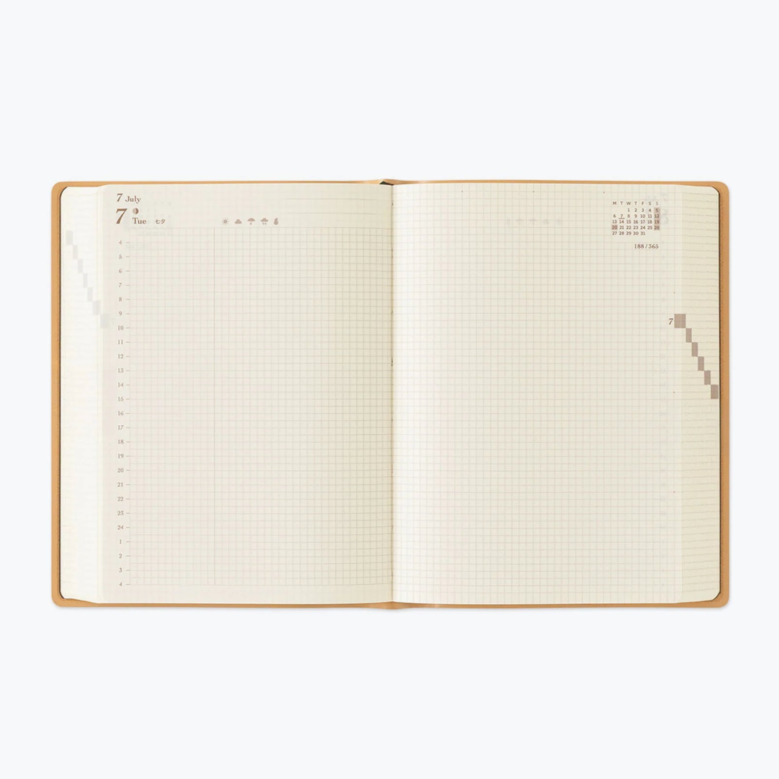 Brown diary featuring Japanese text on a white background