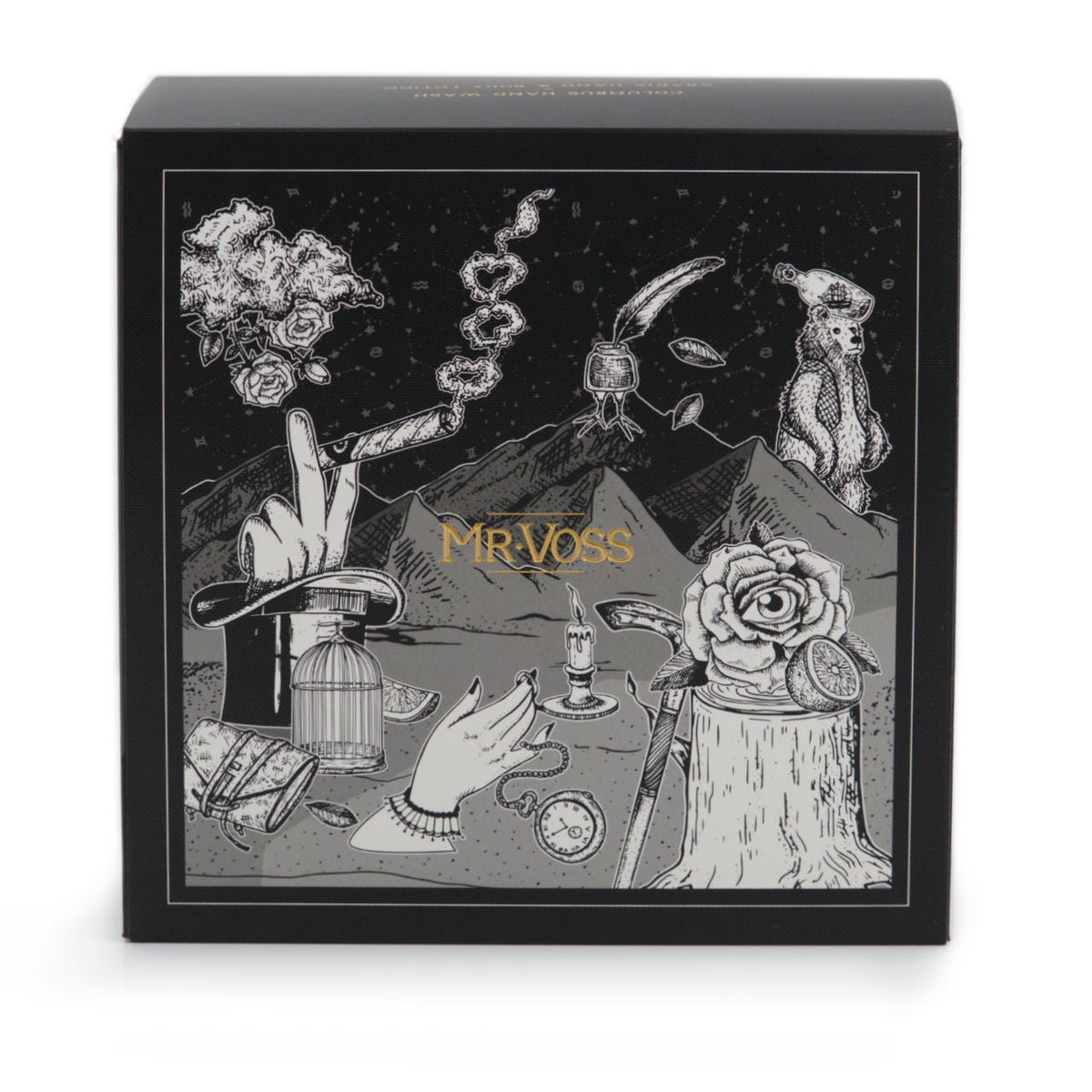 Mr. Voss product packaging with gold logo embellishment and black & white illustrations on a black box.