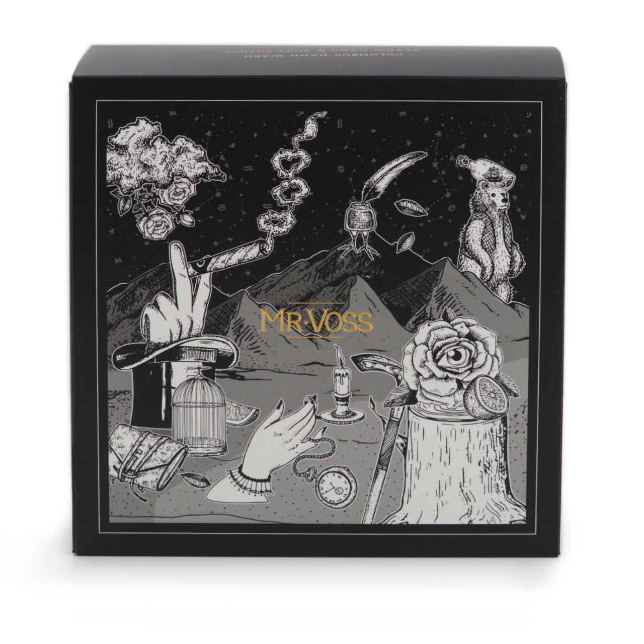Mr. Voss product packaging with gold logo embellishment and black & white illustrations on a black box.