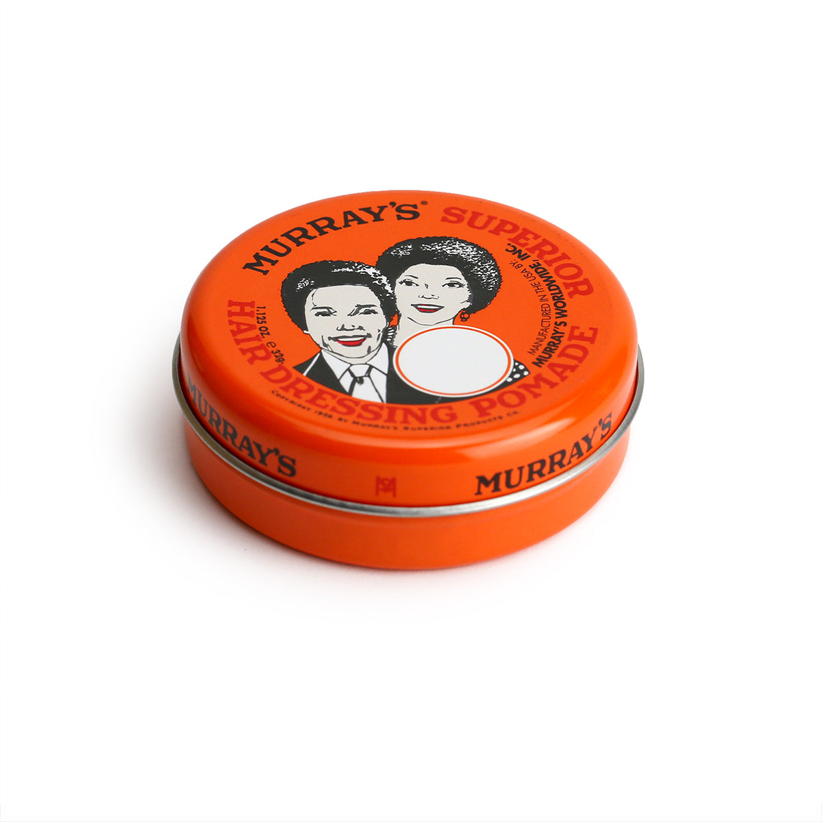 Murrays 32g pocket-sized tin, three-quarter angle showing the small flat tin with retro graphics