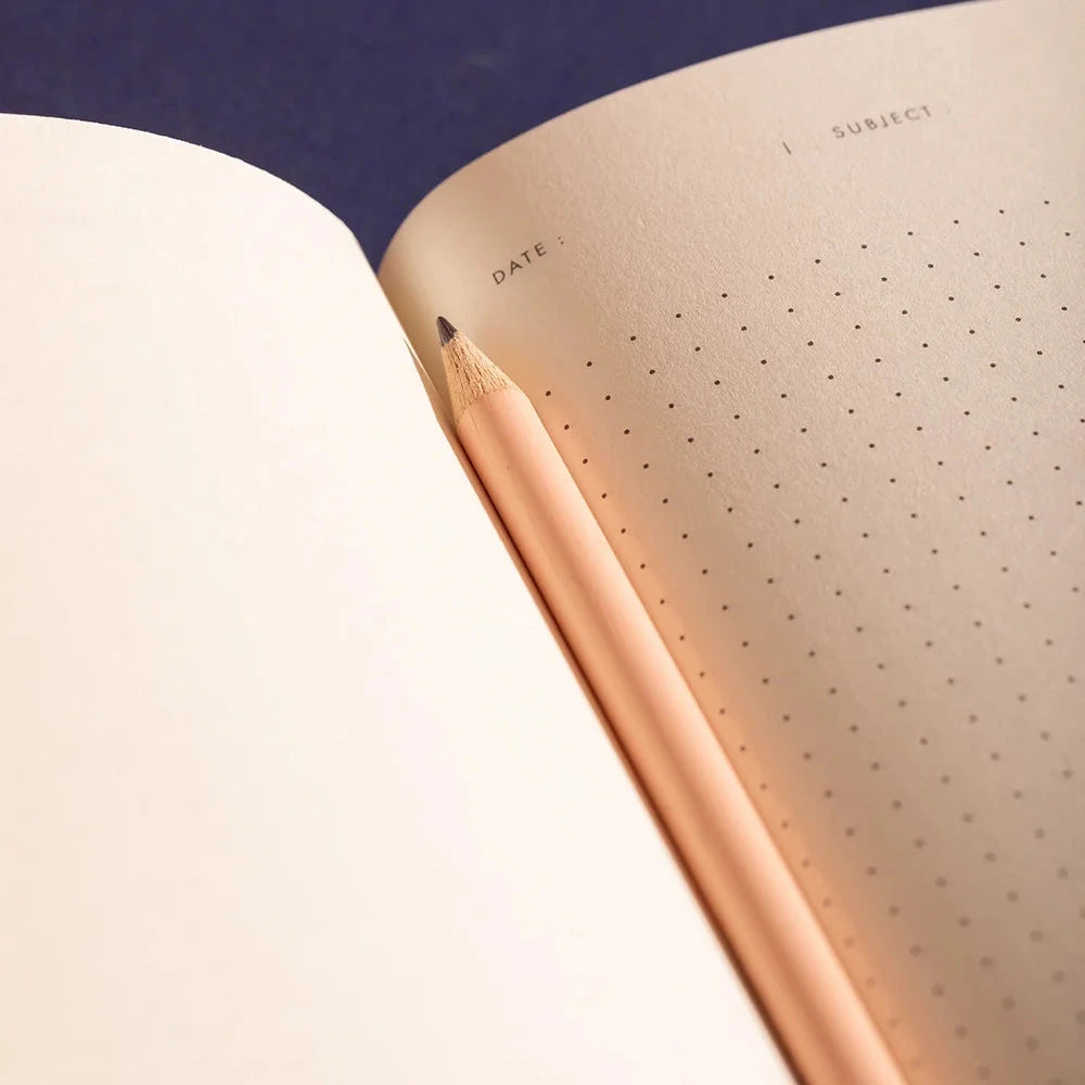 Open notebook with a pink pen on a blue background