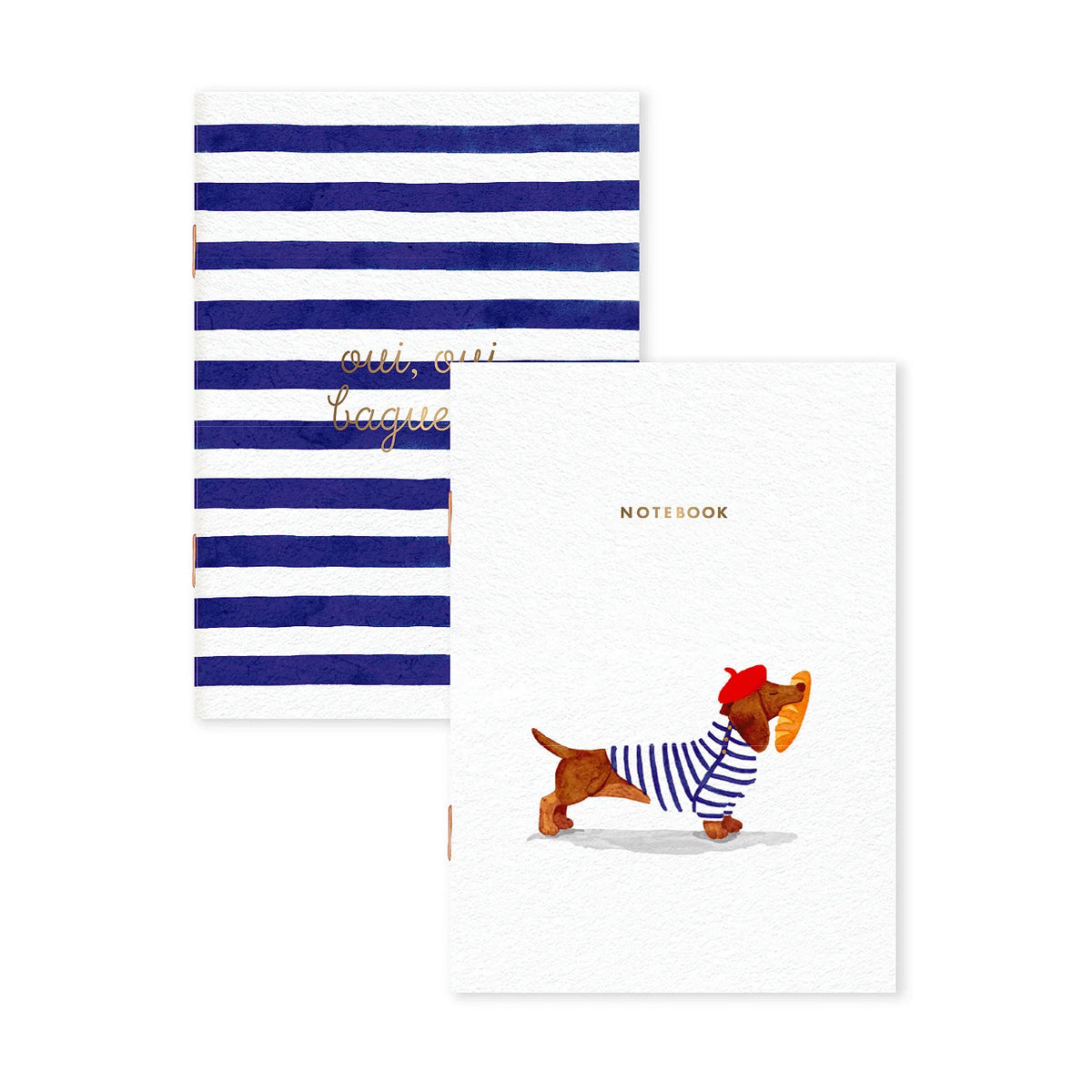 Two notebooks on a white background. One notebook has navy blue and white horizontal stripes with gold cursive text reading 'oui oui bague'.