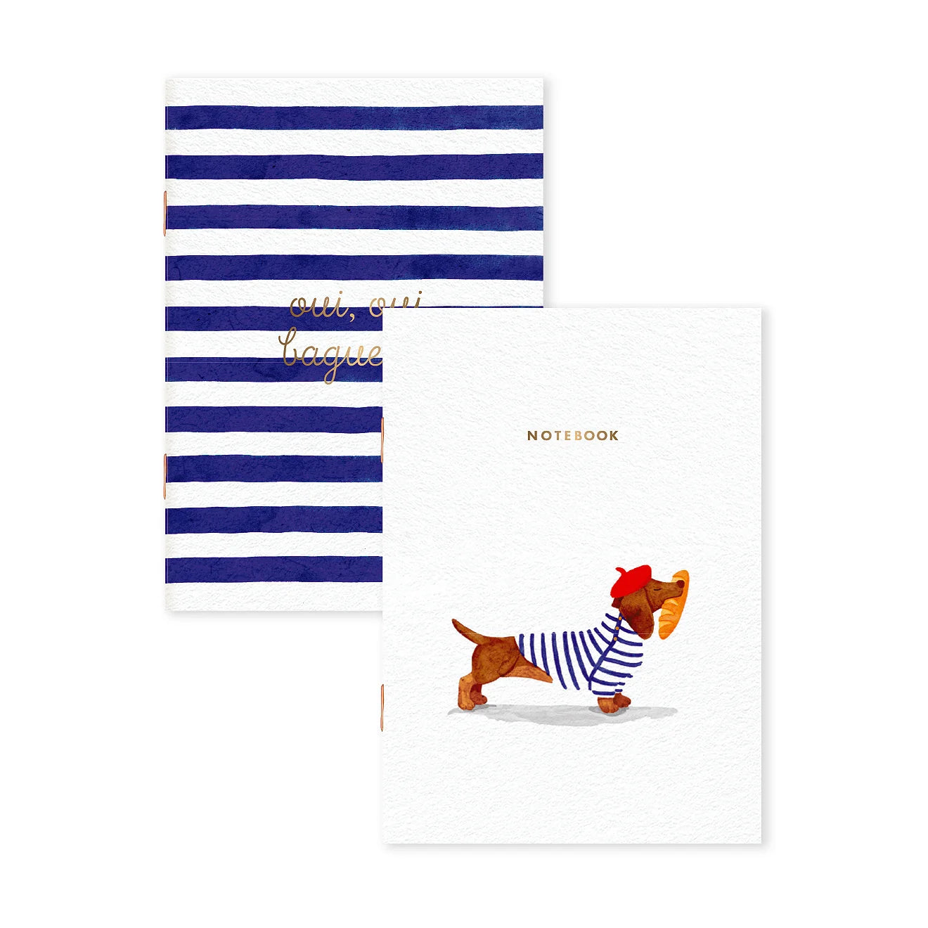 Two notebooks on a white background. One notebook has navy blue and white horizontal stripes with gold cursive text reading 'oui oui bague'.