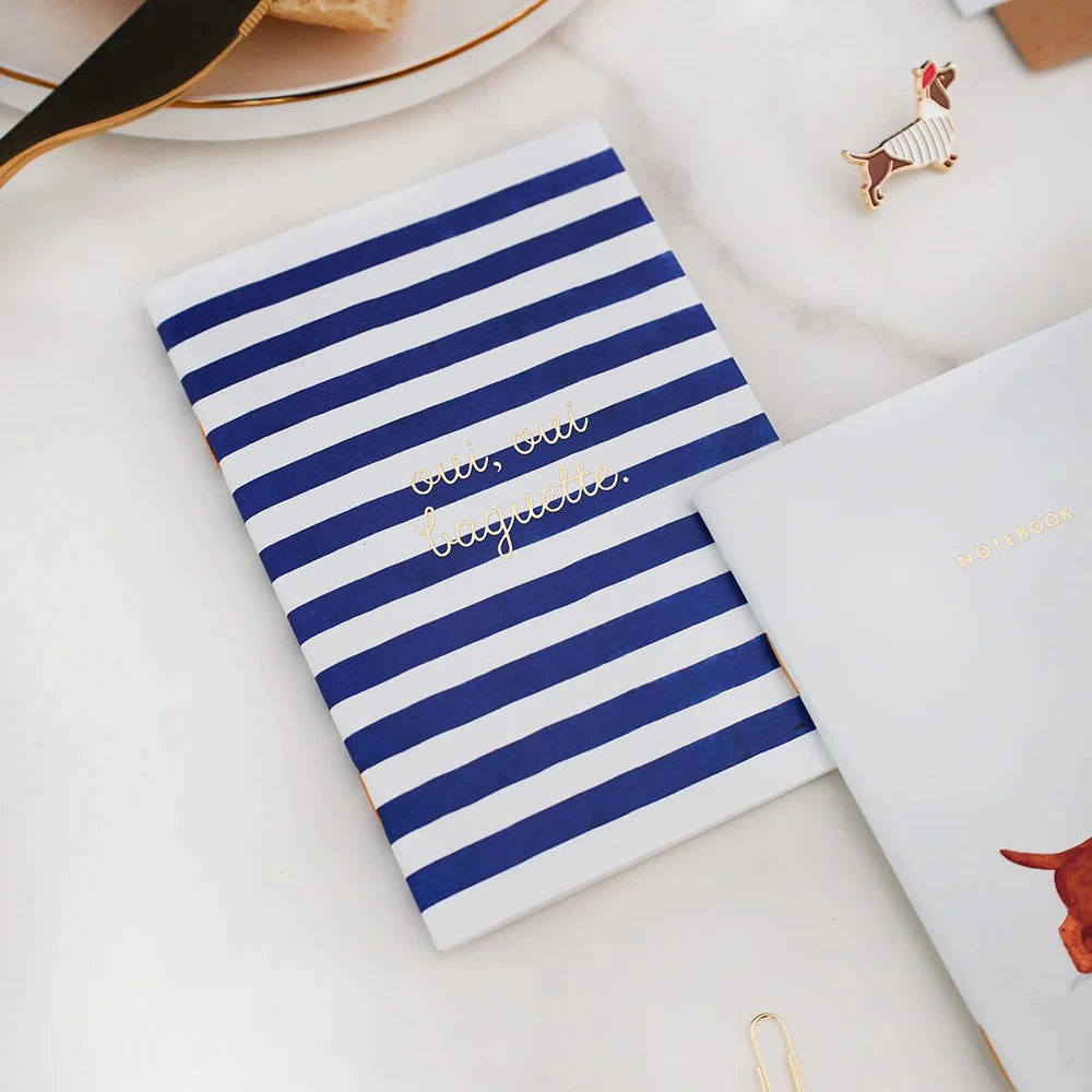 Blue and white striped notebook with a necklace on a white surface