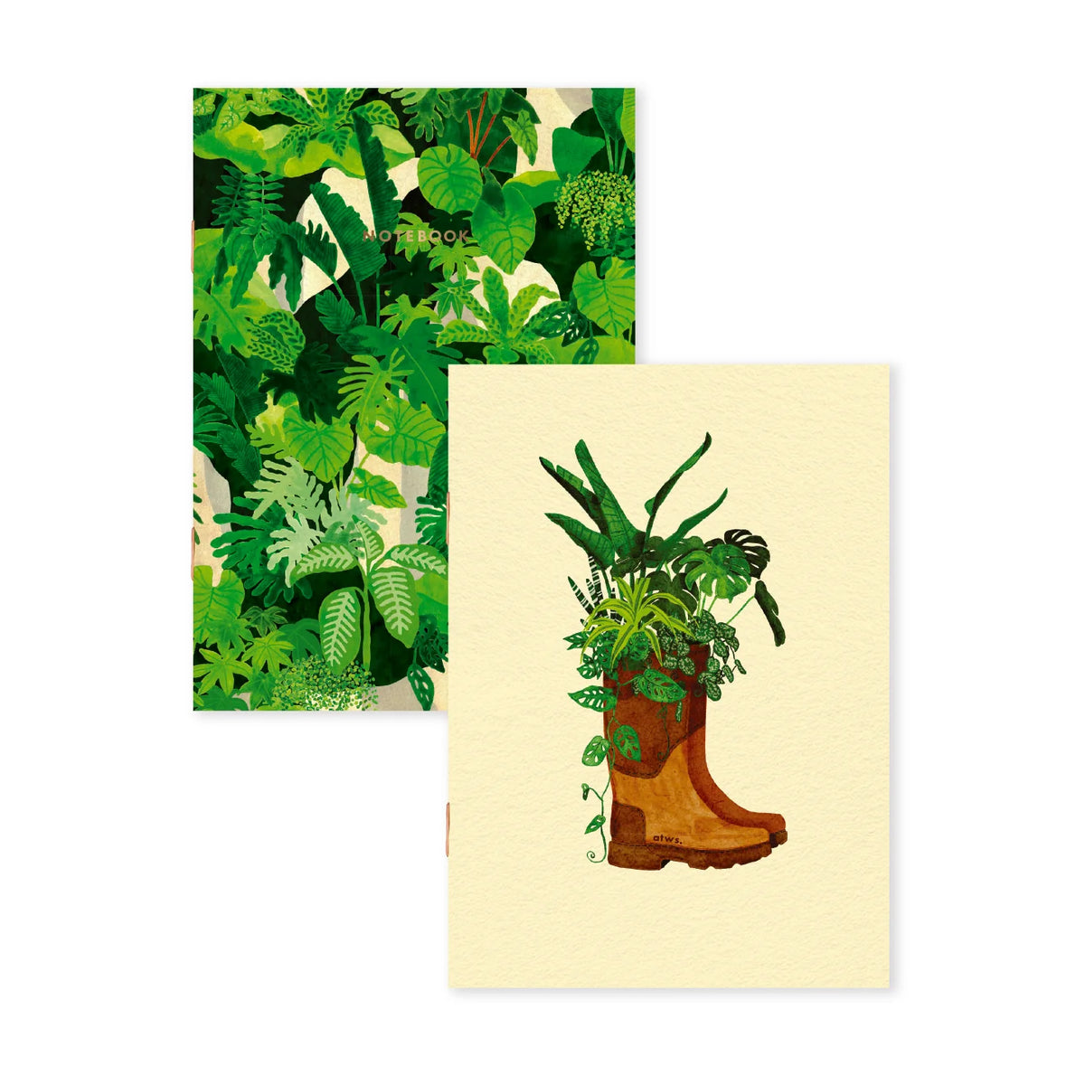 Two art prints featuring tropical green foliage, one with a dense jungle leaf pattern on a cream background and the other showing a brown boot filled with green plants on a cream background.