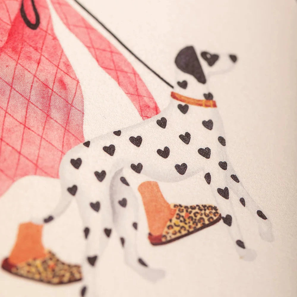 Illustration of a dalmatian dog on a leash with a person in pink pants and orange shoes in the background.
