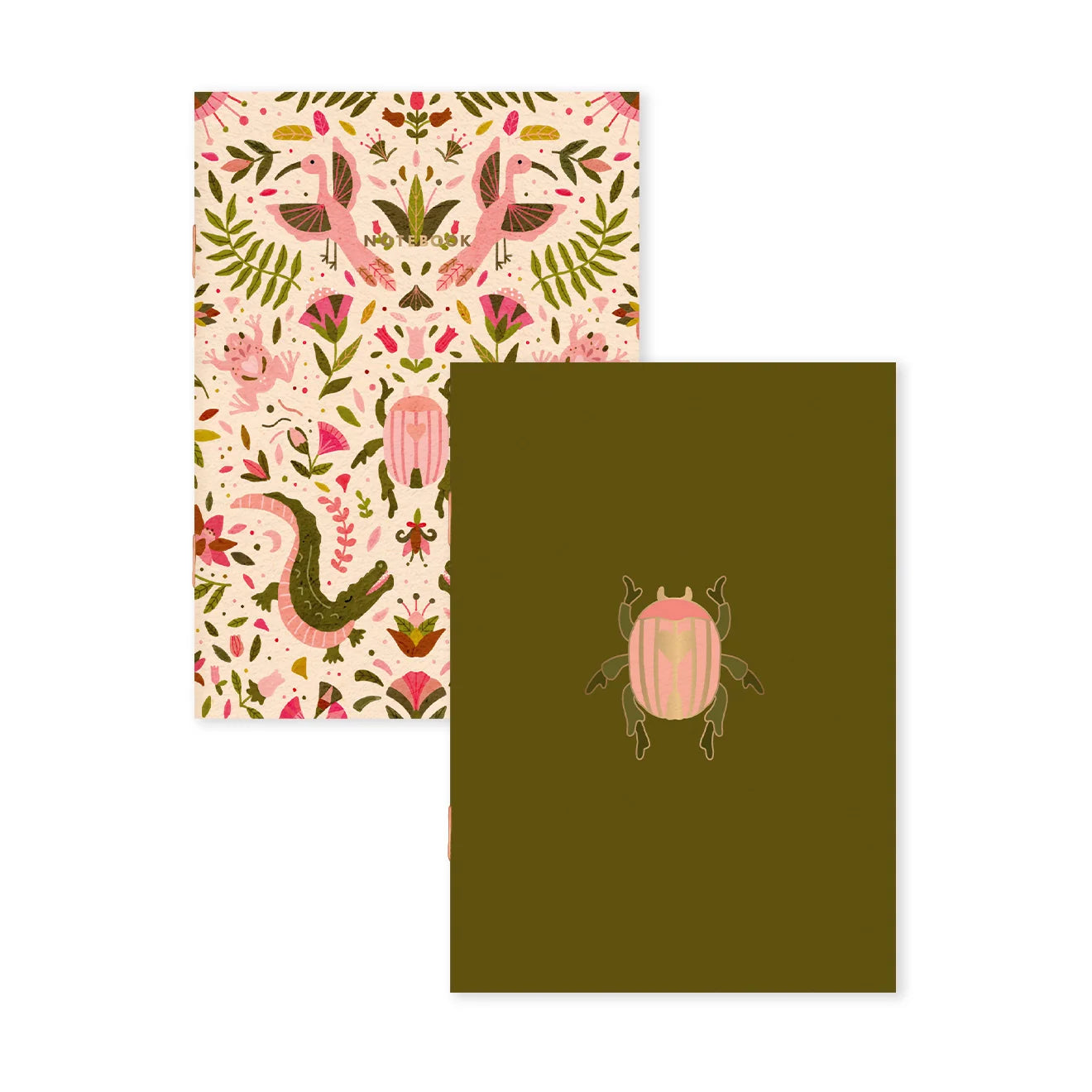 Two illustrated art cards or prints shown on a white background. The front card is olive green with a pink beetle illustration, and the back card shows a dense botanical and animal pattern in pink, green, brown, and cream.