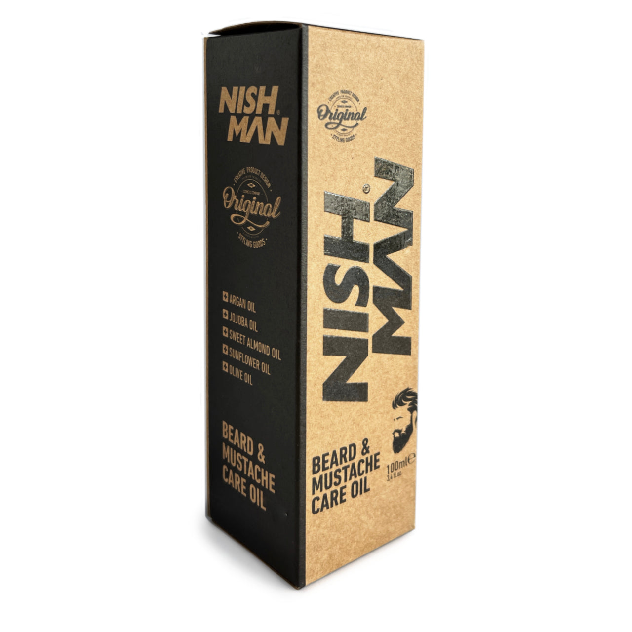 Nishman Beard Care Oil bottle has a black tophalf and clear bottom half, showing the amber-coloured beard oil