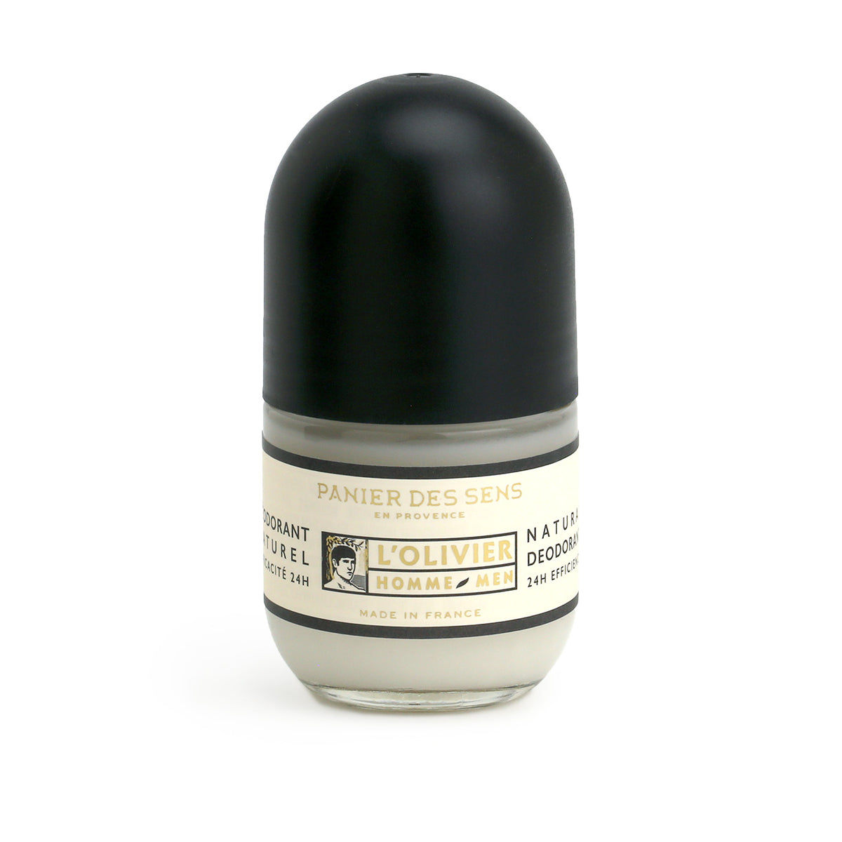 Panier des Sens L&#39;Olivier Homme Natural deodorant in a small glass bottle with black domed cap 