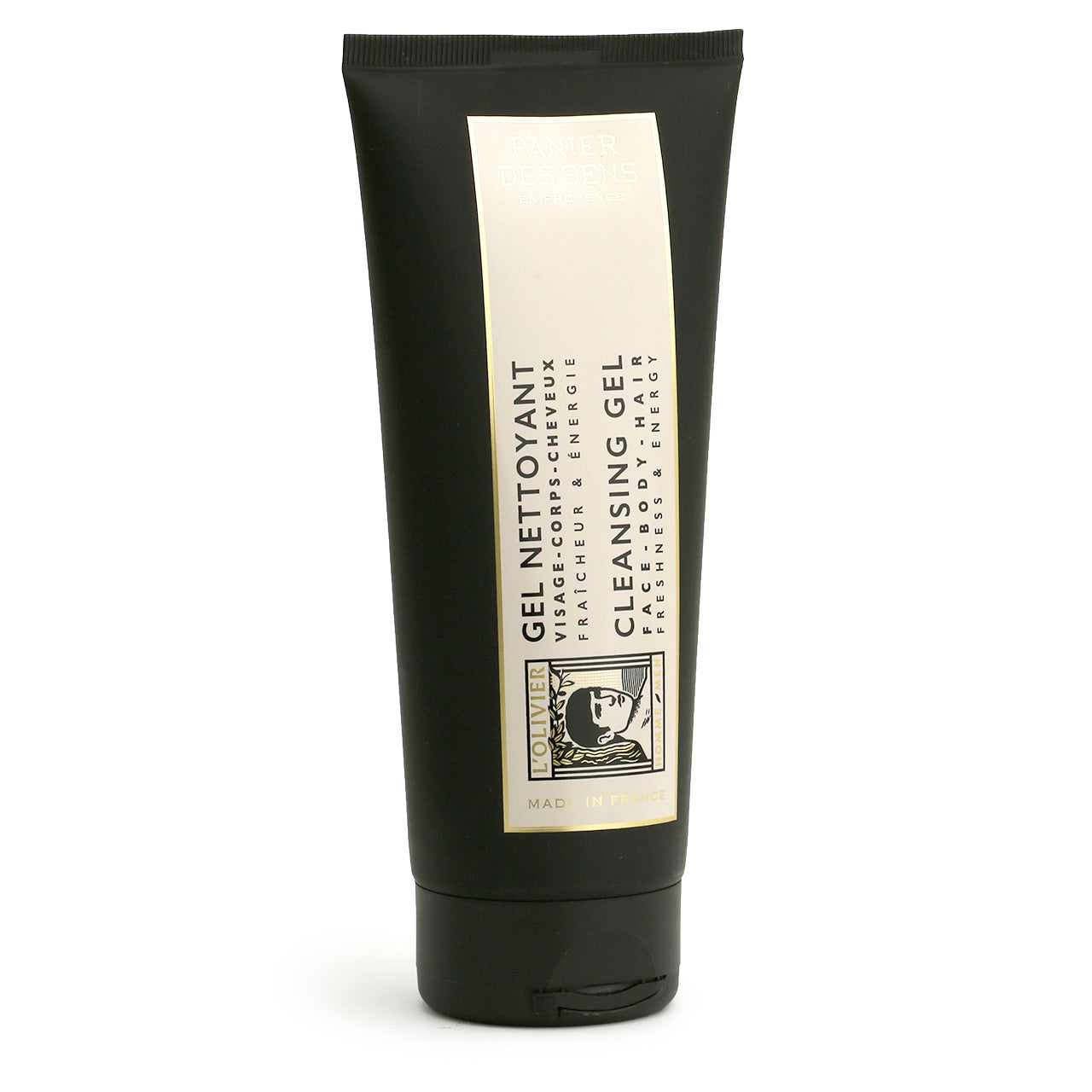 Cleansing Gel for face, body and hair black tube with black cream and gold coloured graphics