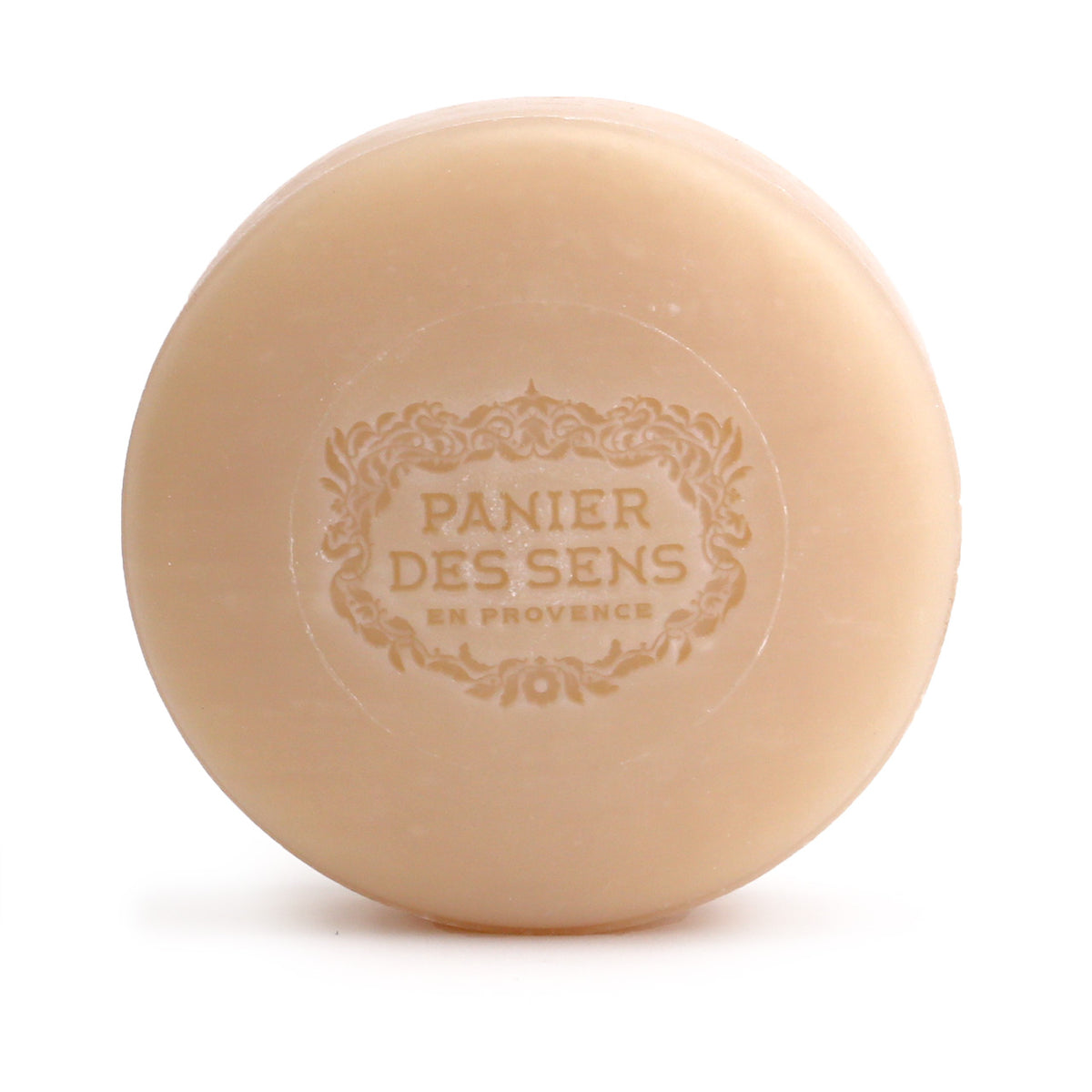 Panier des Sens Shave Soap puck looking at the top logo impression