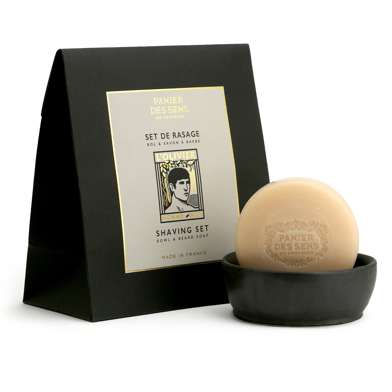Shaving soap with black terracotta bowl in a black paper gift bag